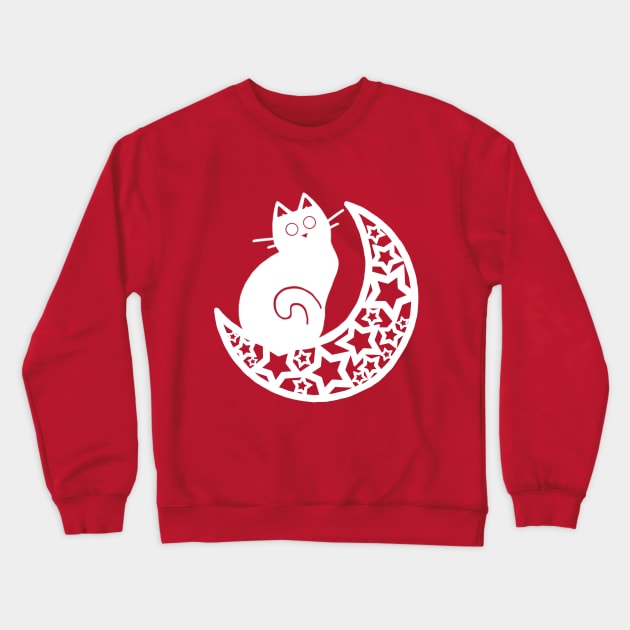 Lunar Cat on the Moon - White Ink Crewneck Sweatshirt by NonDecafArt